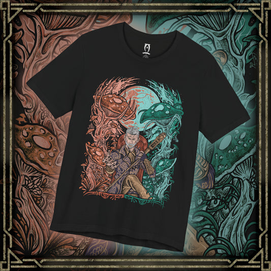 Thumbnail of a T-shirt design of Sheogorath, the Mad God of the Shivering Isles, seated upon his throne as chaotic energies swirl around him. His eccentric attire and manic grin embody the unpredictable nature of Mania and Dementia, the twin realms he rules with cruel humor and cosmic whimsy, shaping mortals through madness and transformation.