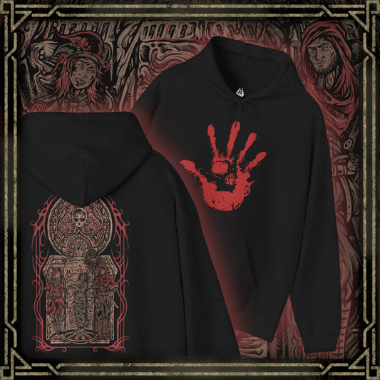 Thumbnail of a Hooded Sweatshirt inspired by the Dark Brotherhood of Skyrim, depicting the crimson hand of the assassins who strike unseen and unheard. Bound by dark ritual and the will of Sithis, they move through Tamriel’s shadows, offering the Black Sacrament to those who seek vengeance. A perfect tribute to the mysterious killers who live by the words, “Sweet Mother, send your child unto me.”