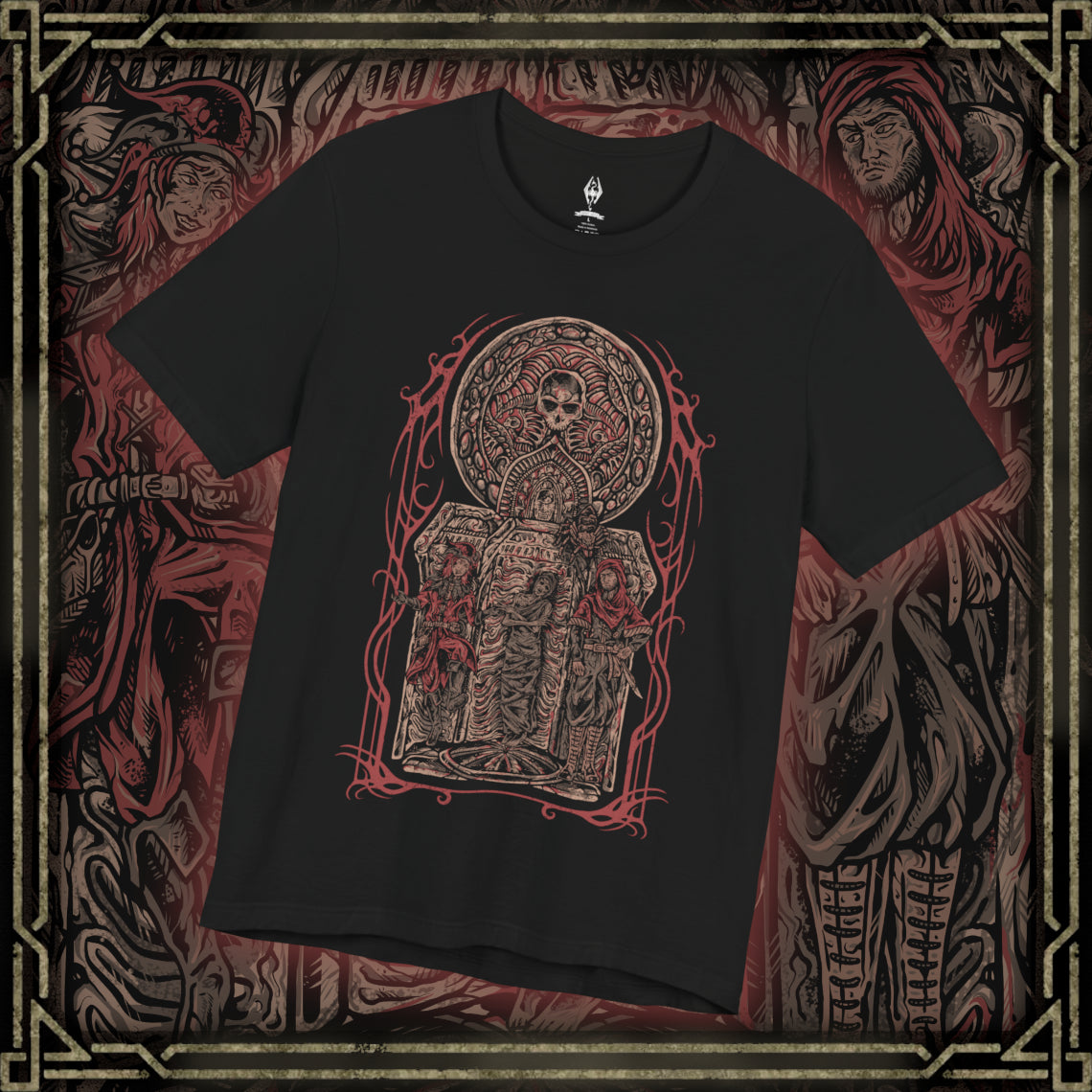 Thumbnail of a T-shirt featuring the Dark Brotherhood from The Elder Scrolls V: Skyrim, the infamous guild of assassins devoted to Sithis and the Night Mother. Cloaked in shadow and secrecy, their bloody handprint marks a vow of silence and death. This design captures the haunting aura of the Brotherhood, where loyalty and murder intertwine beneath the whisper, We know.