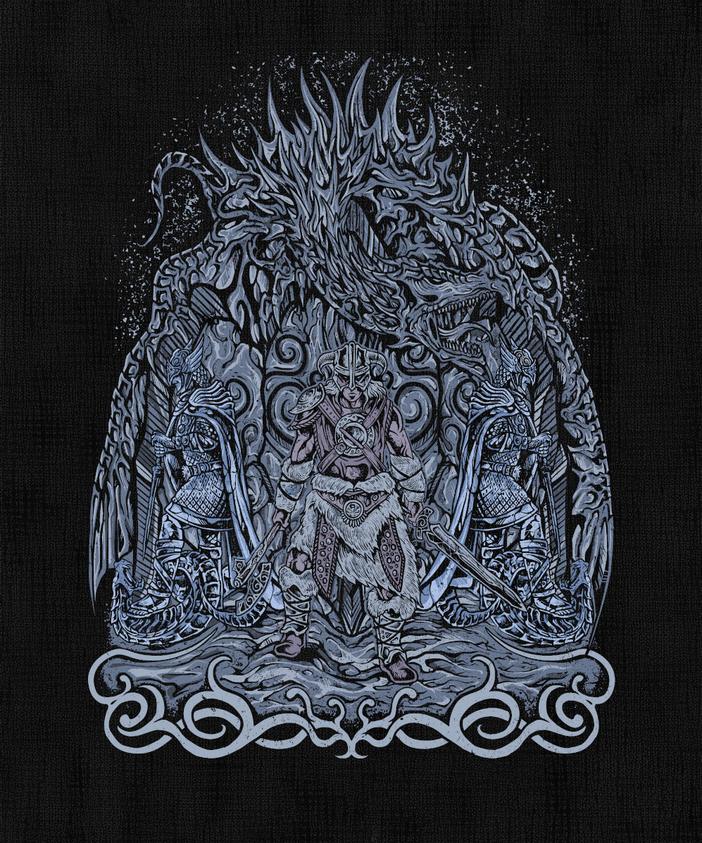 Artwork of The Elder Scrolls Skyrim Dragonborn. Dovahkiin, the Dragonborn, is the legendary mortal blessed with the soul and power of a dragon. Chosen by the gods, they rise to challenge Alduin, the World-Eater, and restore balance to Tamriel. With the Thu’um — the Voice — the Dragonborn channels ancient draconic power, embodying Skyrim’s eternal struggle between destiny and freedom.