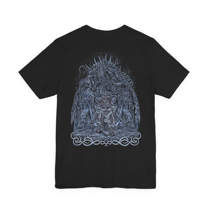Image 5 of a Skyrim T-shirt showcasing the Dovahkiin, the Dragonborn warrior chosen by the gods to absorb dragon souls and wield their power. Clad in ancient Nordic armor and armed with the power of Shouts, they embody courage and fate intertwined. This artwork reflects the spirit of adventure and defiance that defines the hero of Skyrim.