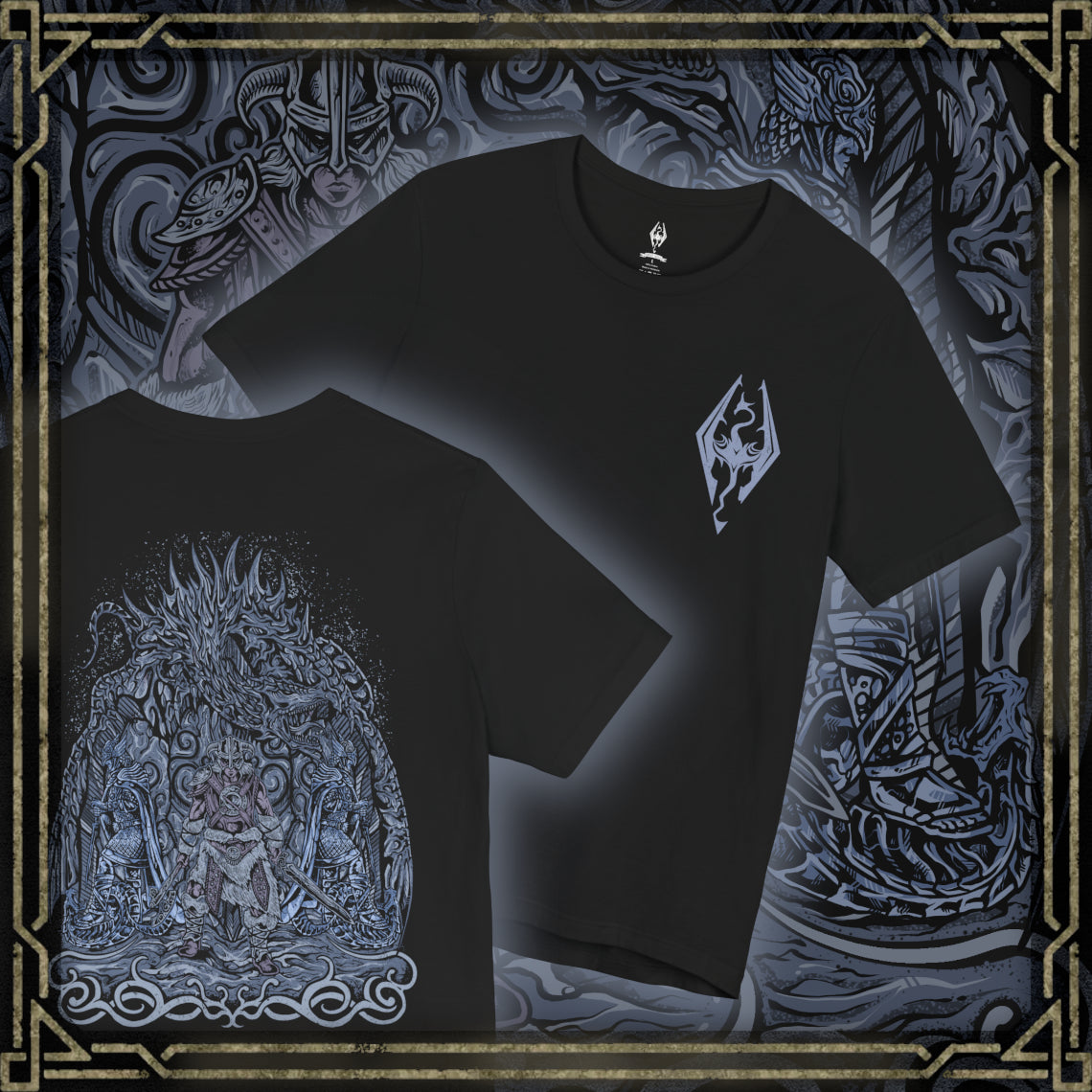 Thumbnail of a Skyrim T-shirt showcasing the Dovahkiin, the Dragonborn warrior chosen by the gods to absorb dragon souls and wield their power. Clad in ancient Nordic armor and armed with the power of Shouts, they embody courage and fate intertwined. This artwork reflects the spirit of adventure and defiance that defines the hero of Skyrim.