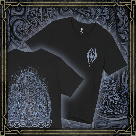 Thumbnail of a Skyrim T-shirt showcasing the Dovahkiin, the Dragonborn warrior chosen by the gods to absorb dragon souls and wield their power. Clad in ancient Nordic armor and armed with the power of Shouts, they embody courage and fate intertwined. This artwork reflects the spirit of adventure and defiance that defines the hero of Skyrim.
