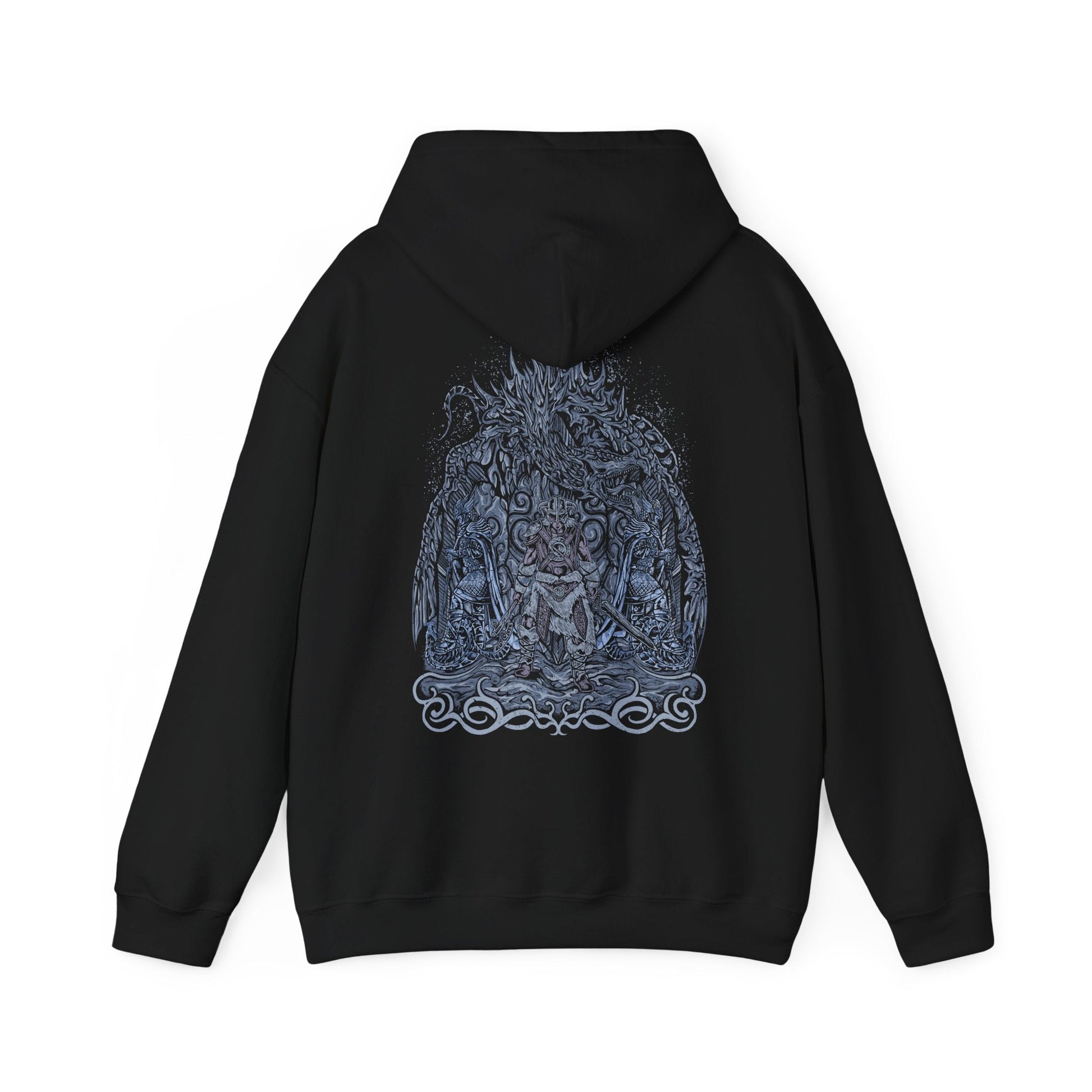Image 5 of a Hooded Sweatshirt featuring the Dovahkiin from Skyrim, the mortal born with the soul of a dragon and the voice that shakes mountains. From the peaks of High Hrothgar to the depths of Blackreach, the Dragonborn’s journey shapes the fate of Nirn. This design honors their mythic legacy—where ancient prophecy and raw power collide under the watchful gaze of the dov.