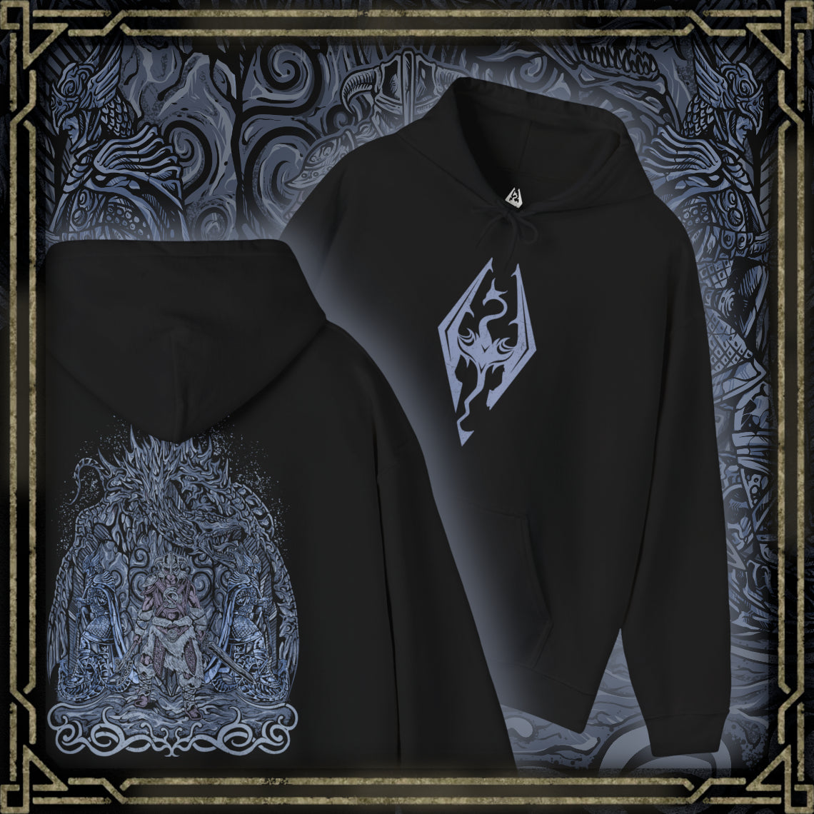 Thumbnail of a Hooded Sweatshirt featuring the Dovahkiin from Skyrim, the mortal born with the soul of a dragon and the voice that shakes mountains. From the peaks of High Hrothgar to the depths of Blackreach, the Dragonborn’s journey shapes the fate of Nirn. This design honors their mythic legacy—where ancient prophecy and raw power collide under the watchful gaze of the dov.