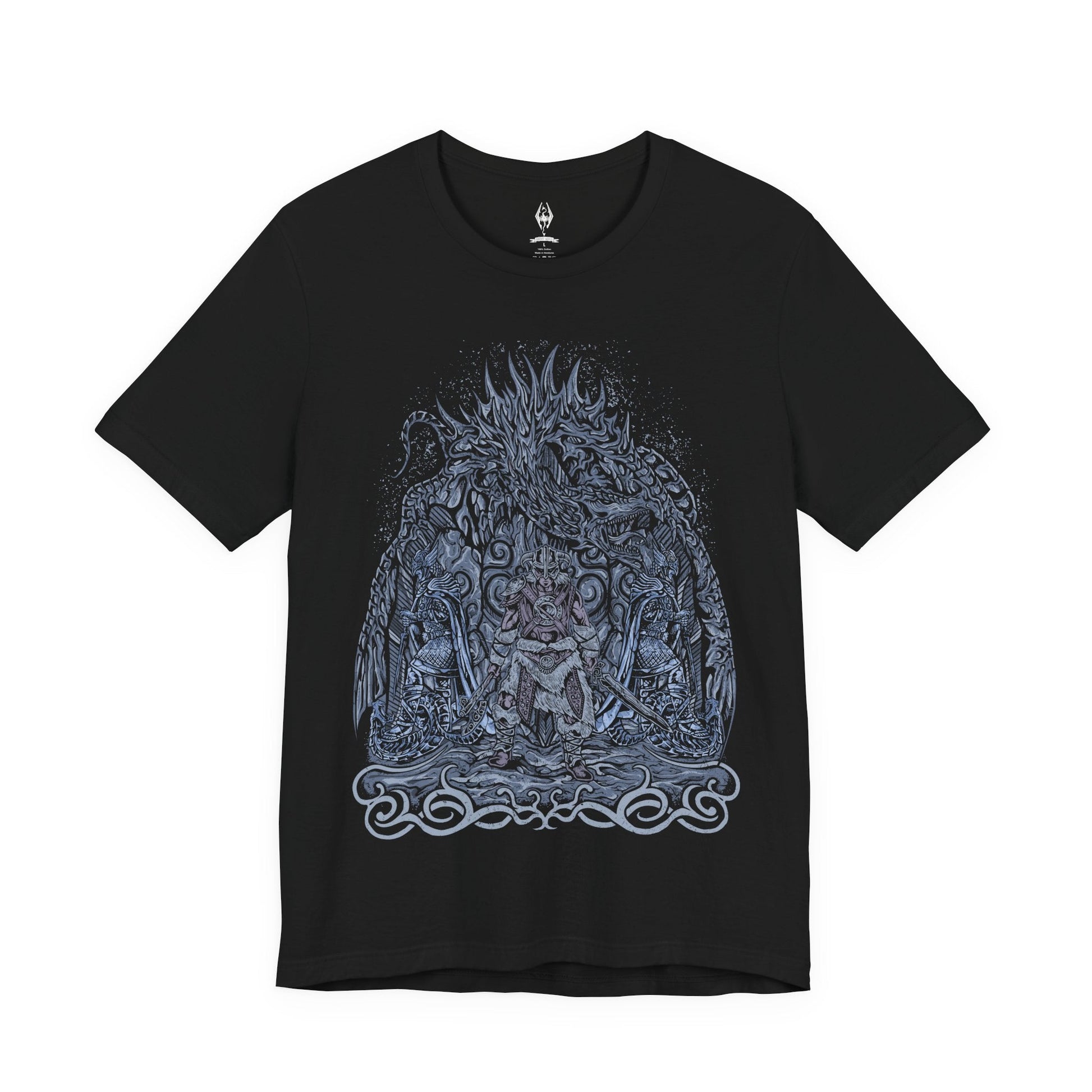 Image 4 of a T-shirt featuring the Dovahkiin from The Elder Scrolls V: Skyrim, the legendary Dragonborn hero blessed with the power of the Thu’um. Wielding the voice of dragons and the strength of destiny, the Dovahkiin stands as the last hope against Alduin the World-Eater. This design captures their iconic horned helm and fierce stance beneath the frozen skies of Tamriel.