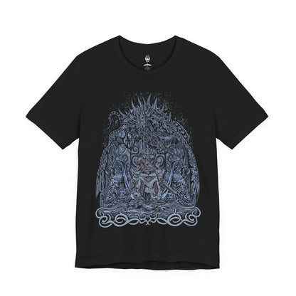 Image 4 of a T-shirt featuring the Dovahkiin from The Elder Scrolls V: Skyrim, the legendary Dragonborn hero blessed with the power of the Thu’um. Wielding the voice of dragons and the strength of destiny, the Dovahkiin stands as the last hope against Alduin the World-Eater. This design captures their iconic horned helm and fierce stance beneath the frozen skies of Tamriel.