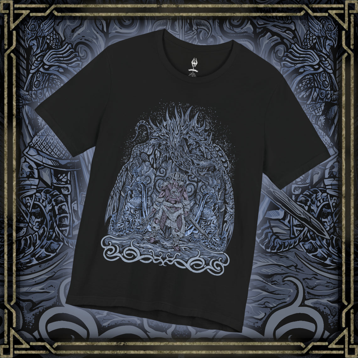 Thumbnail of a T-shirt featuring the Dovahkiin from The Elder Scrolls V: Skyrim, the legendary Dragonborn hero blessed with the power of the Thu’um. Wielding the voice of dragons and the strength of destiny, the Dovahkiin stands as the last hope against Alduin the World-Eater. This design captures their iconic horned helm and fierce stance beneath the frozen skies of Tamriel.