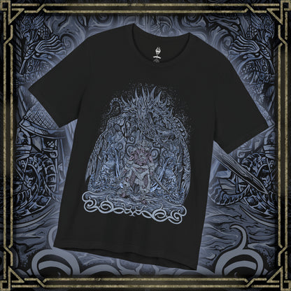 Thumbnail of a T-shirt featuring the Dovahkiin from The Elder Scrolls V: Skyrim, the legendary Dragonborn hero blessed with the power of the Thu’um. Wielding the voice of dragons and the strength of destiny, the Dovahkiin stands as the last hope against Alduin the World-Eater. This design captures their iconic horned helm and fierce stance beneath the frozen skies of Tamriel.