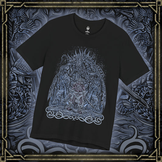 Thumbnail of a T-shirt featuring the Dovahkiin from The Elder Scrolls V: Skyrim, the legendary Dragonborn hero blessed with the power of the Thu’um. Wielding the voice of dragons and the strength of destiny, the Dovahkiin stands as the last hope against Alduin the World-Eater. This design captures their iconic horned helm and fierce stance beneath the frozen skies of Tamriel.