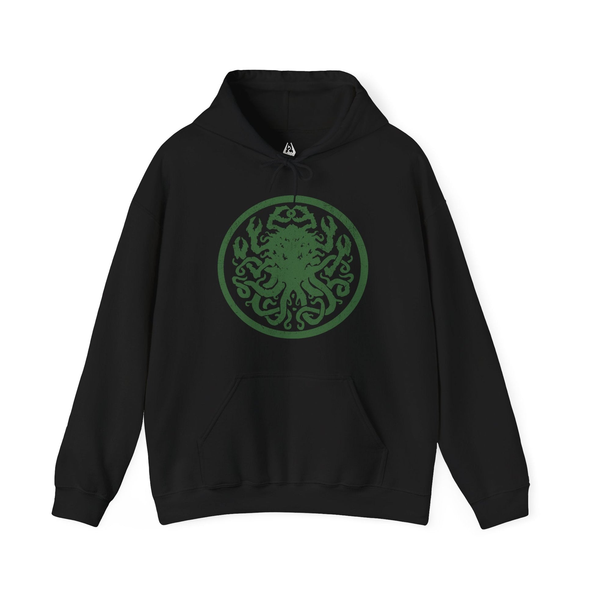 Image 4 of a Hooded Sweatshirt inspired by Apocrypha from Skyrim, featuring Hermaeus Mora—the Daedric Prince of forbidden wisdom—and Miraak, the rogue Dragonborn who sought dominion beyond Mundus. Encircled by green void-light and shifting tomes, this design captures the eerie silence of Apocrypha, where knowledge is power, secrets demand a price, and escape is never guaranteed.