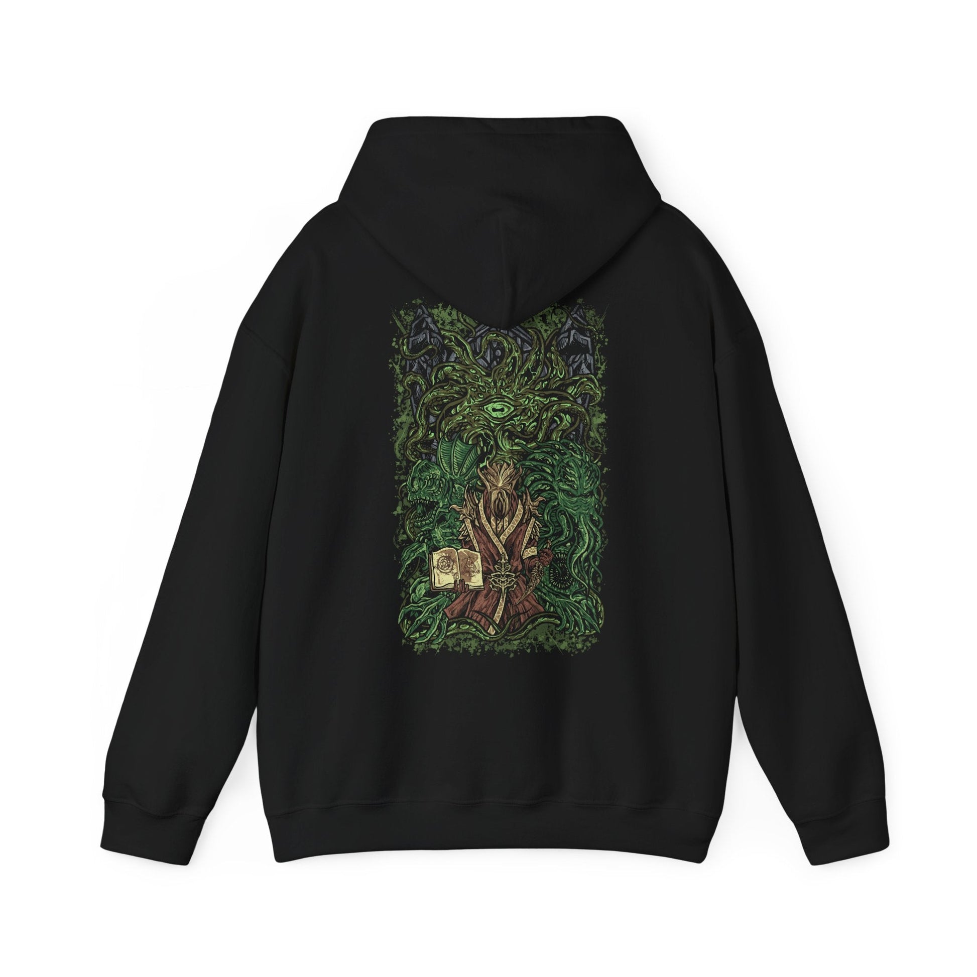 Image 5 of a Hooded Sweatshirt inspired by Apocrypha from Skyrim, featuring Hermaeus Mora—the Daedric Prince of forbidden wisdom—and Miraak, the rogue Dragonborn who sought dominion beyond Mundus. Encircled by green void-light and shifting tomes, this design captures the eerie silence of Apocrypha, where knowledge is power, secrets demand a price, and escape is never guaranteed.
