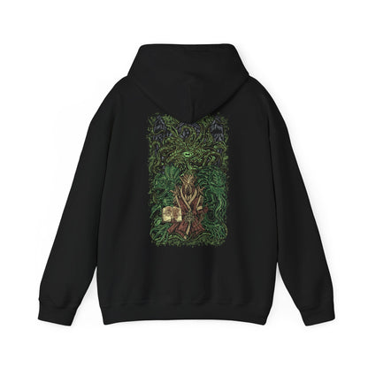 Image 5 of a Hooded Sweatshirt inspired by Apocrypha from Skyrim, featuring Hermaeus Mora—the Daedric Prince of forbidden wisdom—and Miraak, the rogue Dragonborn who sought dominion beyond Mundus. Encircled by green void-light and shifting tomes, this design captures the eerie silence of Apocrypha, where knowledge is power, secrets demand a price, and escape is never guaranteed.