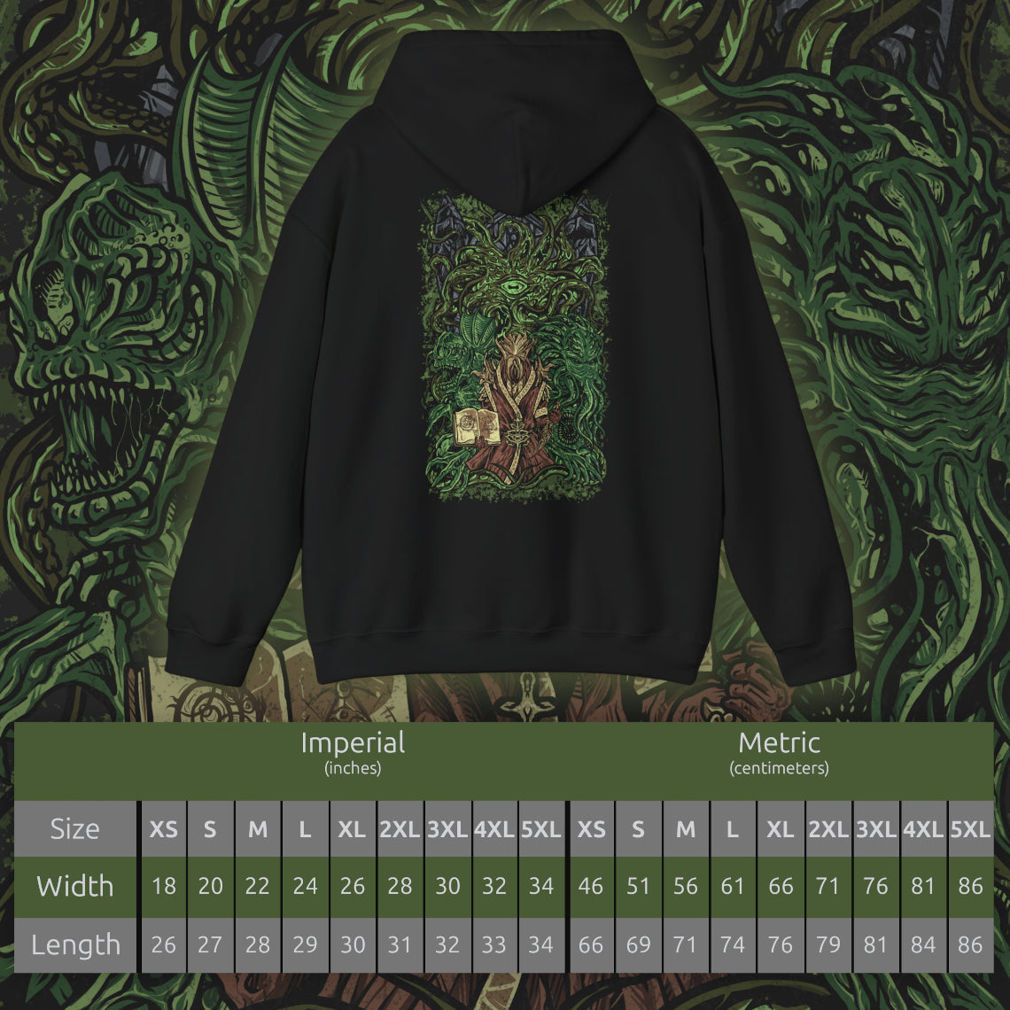 Size chart of a Hooded Sweatshirt inspired by Apocrypha from Skyrim, featuring Hermaeus Mora—the Daedric Prince of forbidden wisdom—and Miraak, the rogue Dragonborn who sought dominion beyond Mundus. Encircled by green void-light and shifting tomes, this design captures the eerie silence of Apocrypha, where knowledge is power, secrets demand a price, and escape is never guaranteed.