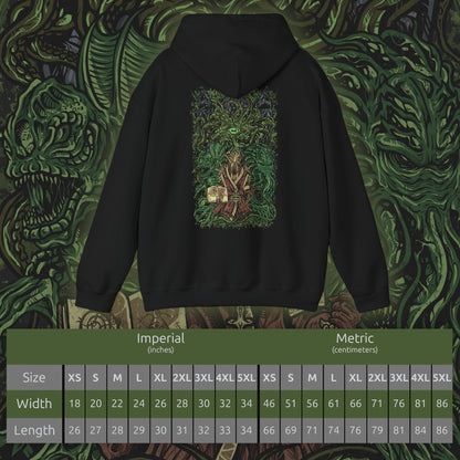 Size chart of a Hooded Sweatshirt inspired by Apocrypha from Skyrim, featuring Hermaeus Mora—the Daedric Prince of forbidden wisdom—and Miraak, the rogue Dragonborn who sought dominion beyond Mundus. Encircled by green void-light and shifting tomes, this design captures the eerie silence of Apocrypha, where knowledge is power, secrets demand a price, and escape is never guaranteed.