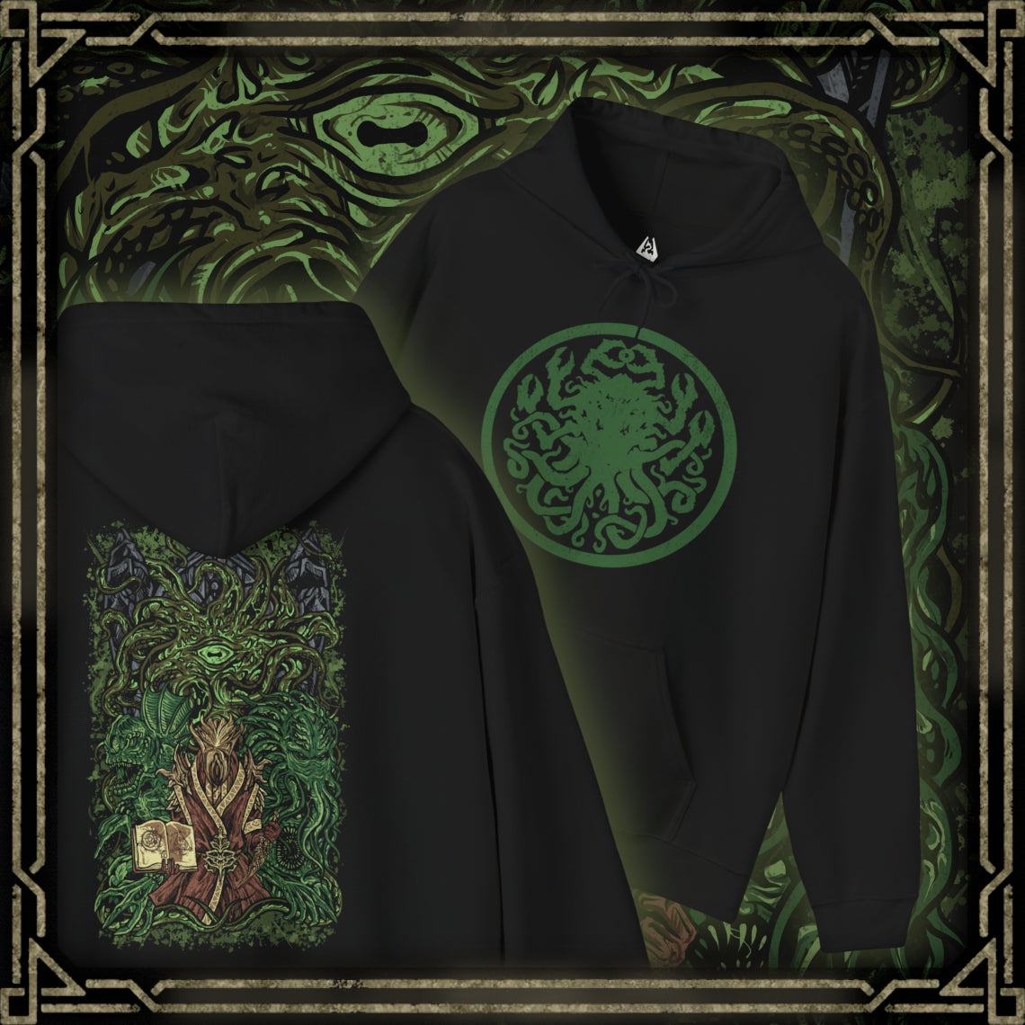Thumbnail of a Hooded Sweatshirt inspired by Apocrypha from Skyrim, featuring Hermaeus Mora—the Daedric Prince of forbidden wisdom—and Miraak, the rogue Dragonborn who sought dominion beyond Mundus. Encircled by green void-light and shifting tomes, this design captures the eerie silence of Apocrypha, where knowledge is power, secrets demand a price, and escape is never guaranteed.