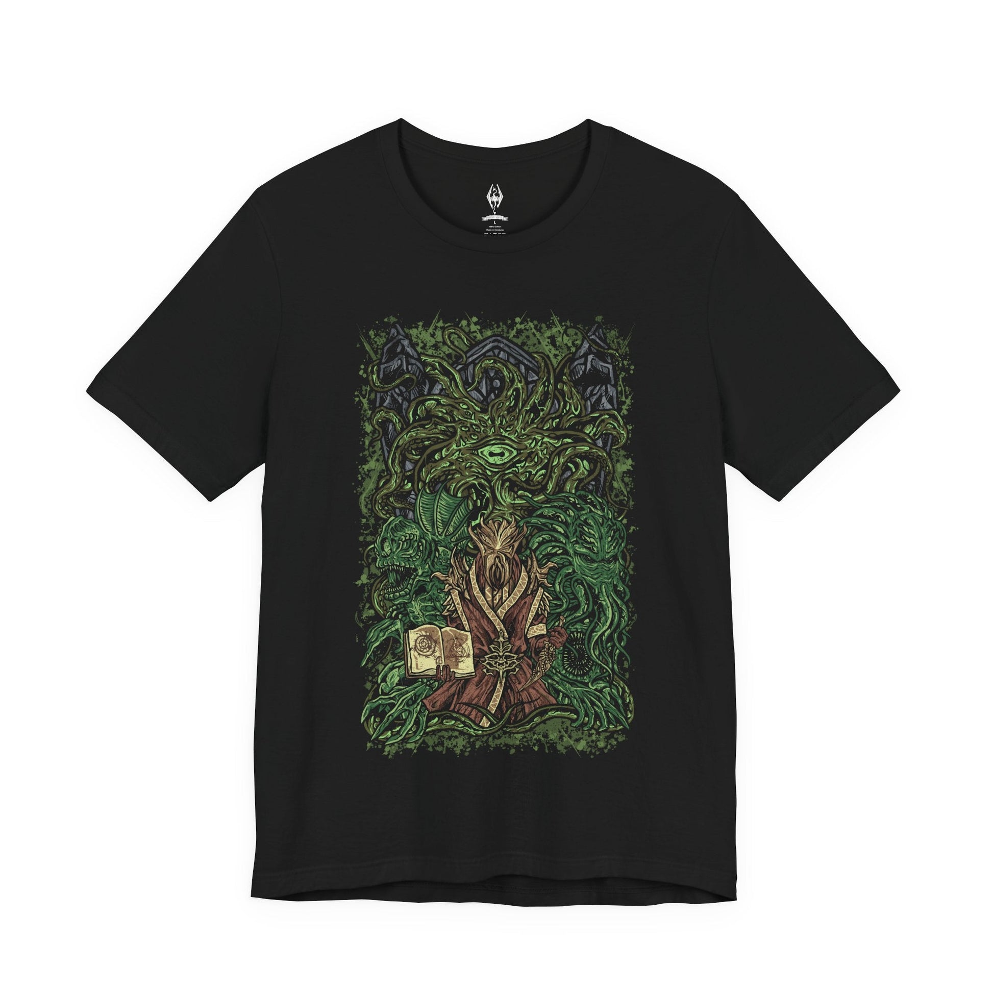 Image 4 of a T-shirt featuring Apocrypha, Hermaeus Mora, and Miraak from The Elder Scrolls V: Skyrim – Dragonborn DLC. Set within the endless, shifting library of forbidden knowledge, this design highlights the Watcher of Fate and Tomes and his first Dragonborn servant. Tentacles, ancient runes, and swirling green mists capture Miraak’s betrayal, his hunger for power, and the dark pact binding him to the Daedric Prince of Secrets.