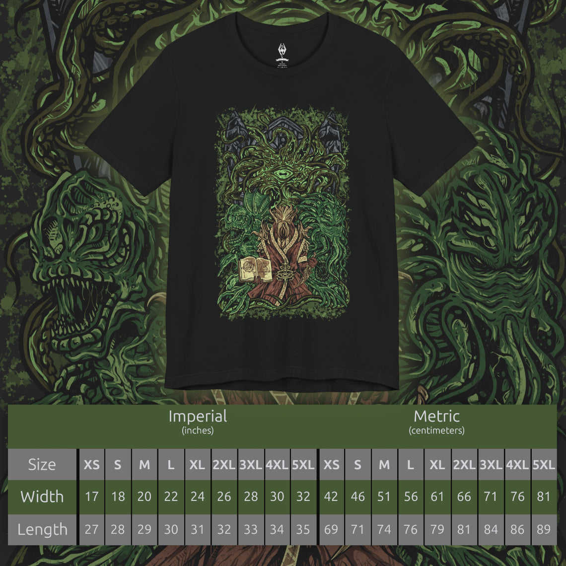 Size chart of a T-shirt featuring Apocrypha, Hermaeus Mora, and Miraak from The Elder Scrolls V: Skyrim – Dragonborn DLC. Set within the endless, shifting library of forbidden knowledge, this design highlights the Watcher of Fate and Tomes and his first Dragonborn servant. Tentacles, ancient runes, and swirling green mists capture Miraak’s betrayal, his hunger for power, and the dark pact binding him to the Daedric Prince of Secrets.