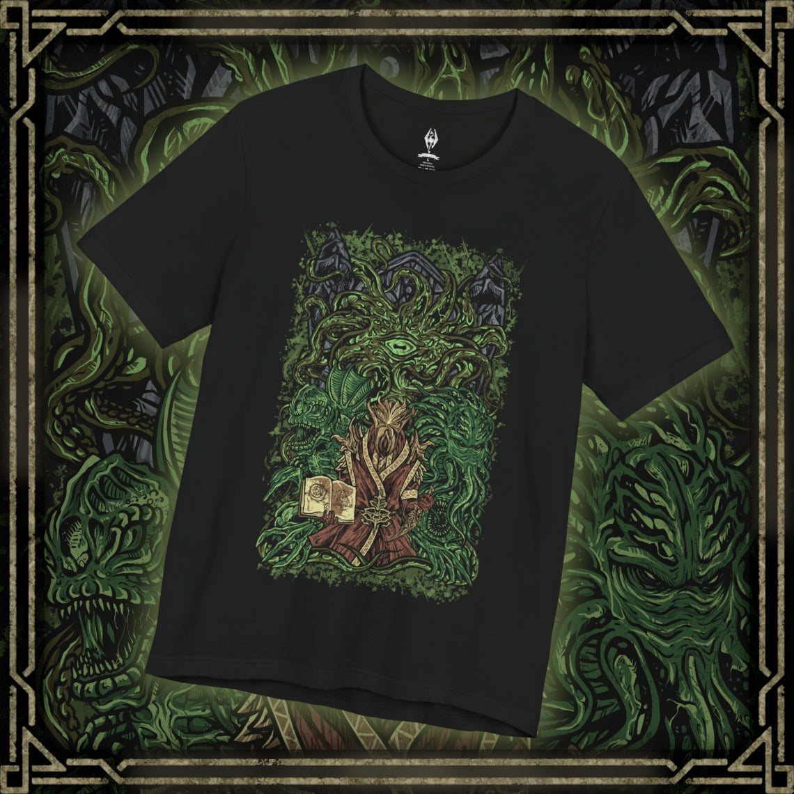 Thumbnail of a T-shirt featuring Apocrypha, Hermaeus Mora, and Miraak from The Elder Scrolls V: Skyrim – Dragonborn DLC. Set within the endless, shifting library of forbidden knowledge, this design highlights the Watcher of Fate and Tomes and his first Dragonborn servant. Tentacles, ancient runes, and swirling green mists capture Miraak’s betrayal, his hunger for power, and the dark pact binding him to the Daedric Prince of Secrets.