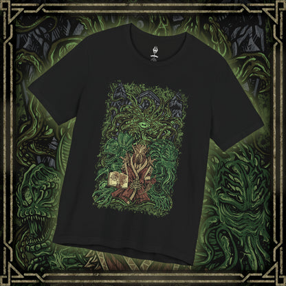 Thumbnail of a T-shirt featuring Apocrypha, Hermaeus Mora, and Miraak from The Elder Scrolls V: Skyrim – Dragonborn DLC. Set within the endless, shifting library of forbidden knowledge, this design highlights the Watcher of Fate and Tomes and his first Dragonborn servant. Tentacles, ancient runes, and swirling green mists capture Miraak’s betrayal, his hunger for power, and the dark pact binding him to the Daedric Prince of Secrets.