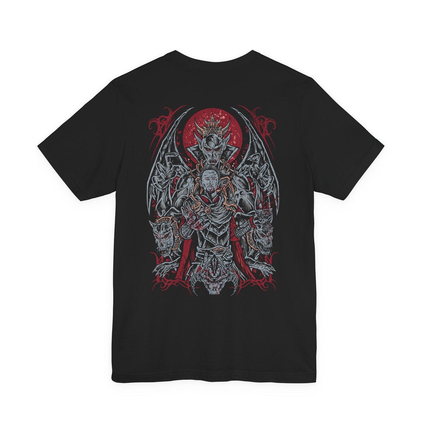 Image 5 of a Skyrim T-shirt showcasing Harkon in his Vampire Lord form, embodying the full might of the Volkihar bloodline. Surrounded by necrotic energy and the pale shimmer of moonlit magic, Harkon represents ambition twisted into monstrosity. This artwork highlights his batlike wings, demonic strength, and relentless pursuit of eternal darkness.
