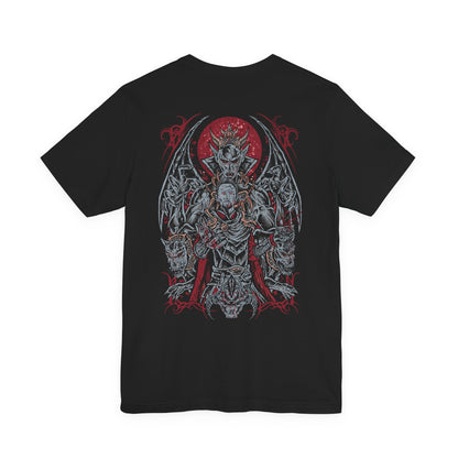 Image 5 of a Skyrim T-shirt showcasing Harkon in his Vampire Lord form, embodying the full might of the Volkihar bloodline. Surrounded by necrotic energy and the pale shimmer of moonlit magic, Harkon represents ambition twisted into monstrosity. This artwork highlights his batlike wings, demonic strength, and relentless pursuit of eternal darkness.