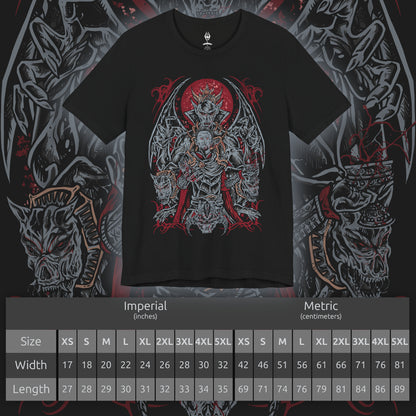 Size chart of a Skyrim T-shirt showcasing Harkon in his Vampire Lord form, embodying the full might of the Volkihar bloodline. Surrounded by necrotic energy and the pale shimmer of moonlit magic, Harkon represents ambition twisted into monstrosity. This artwork highlights his batlike wings, demonic strength, and relentless pursuit of eternal darkness.