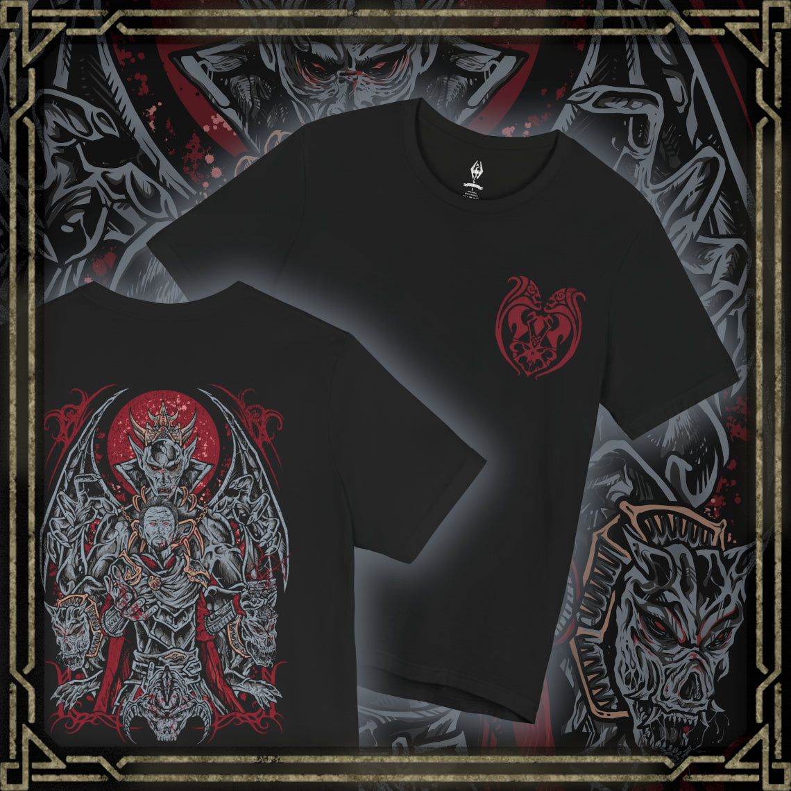 Thumbnail of a Skyrim T-shirt showcasing Harkon in his Vampire Lord form, embodying the full might of the Volkihar bloodline. Surrounded by necrotic energy and the pale shimmer of moonlit magic, Harkon represents ambition twisted into monstrosity. This artwork highlights his batlike wings, demonic strength, and relentless pursuit of eternal darkness.