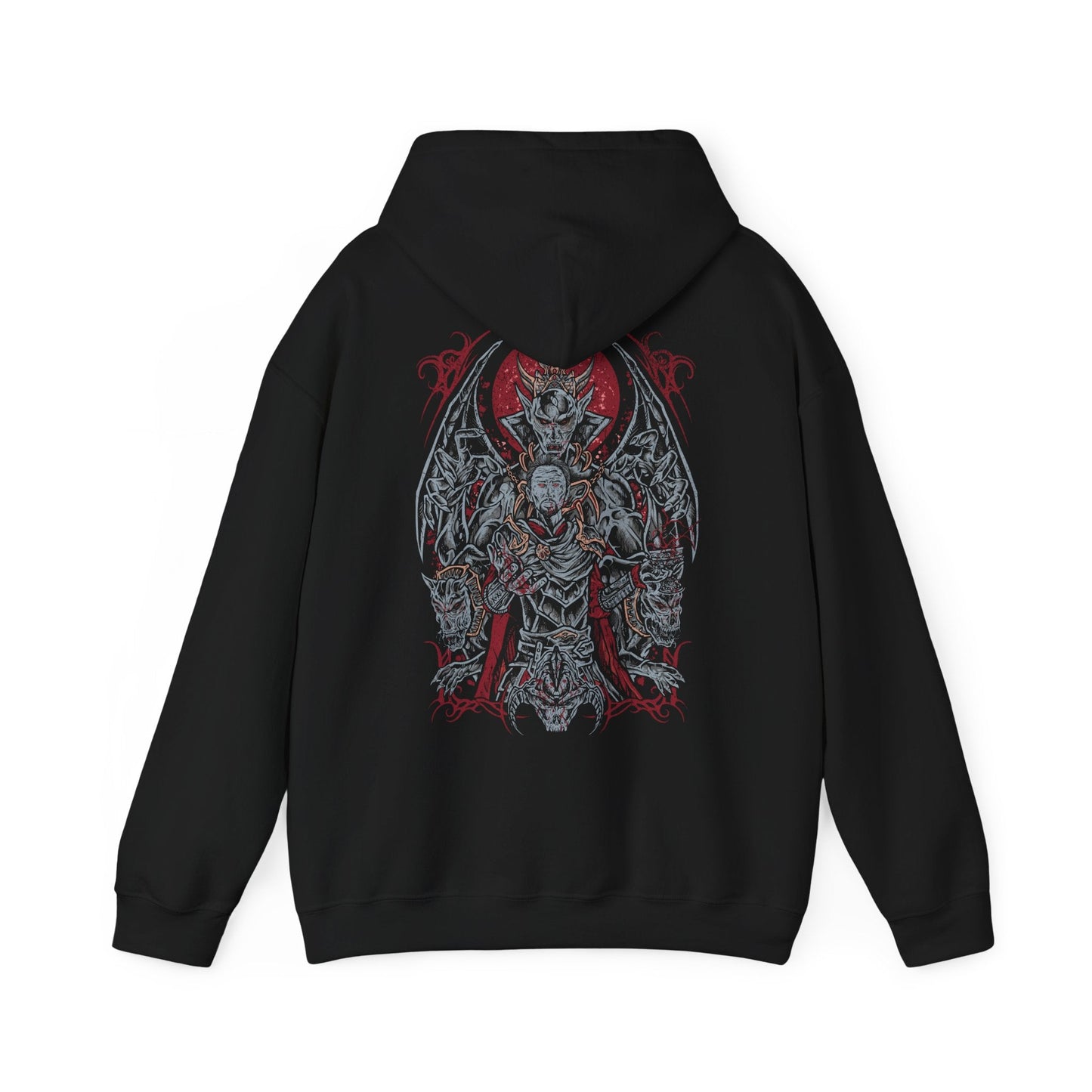 Image 5 of a Hooded Sweatshirt inspired by Harkon the Vampire Lord from The Elder Scrolls V: Skyrim, the ruthless patriarch whose pact with Molag Bal condemned him to a life of blood and shadow. His fearsome transformation symbolizes the price of immortality—power at the cost of all humanity. This design portrays his cursed wings and predatory form amidst the gloom of Volkihar.