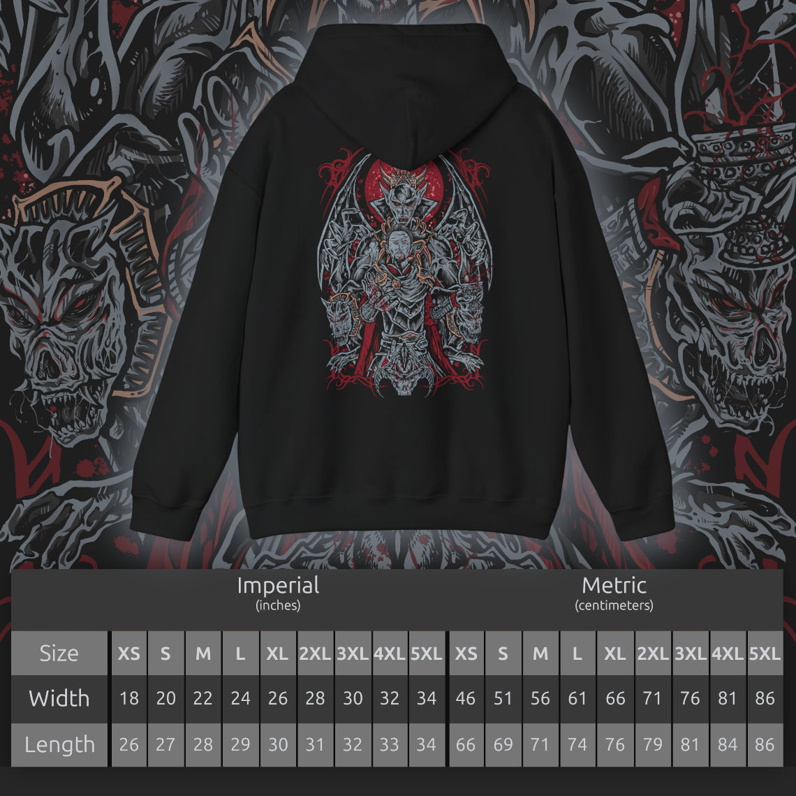 Size chart of a Hooded Sweatshirt inspired by Harkon the Vampire Lord from The Elder Scrolls V: Skyrim, the ruthless patriarch whose pact with Molag Bal condemned him to a life of blood and shadow. His fearsome transformation symbolizes the price of immortality—power at the cost of all humanity. This design portrays his cursed wings and predatory form amidst the gloom of Volkihar.