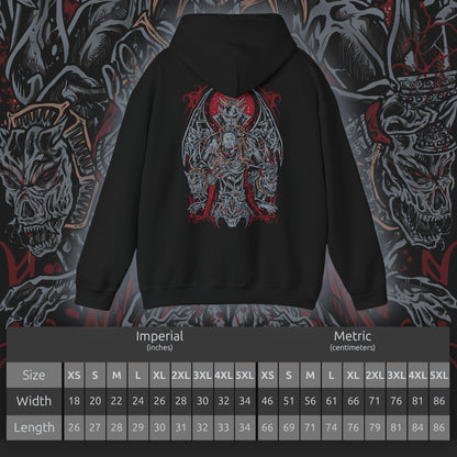 Size chart of a Hooded Sweatshirt inspired by Harkon the Vampire Lord from The Elder Scrolls V: Skyrim, the ruthless patriarch whose pact with Molag Bal condemned him to a life of blood and shadow. His fearsome transformation symbolizes the price of immortality—power at the cost of all humanity. This design portrays his cursed wings and predatory form amidst the gloom of Volkihar.