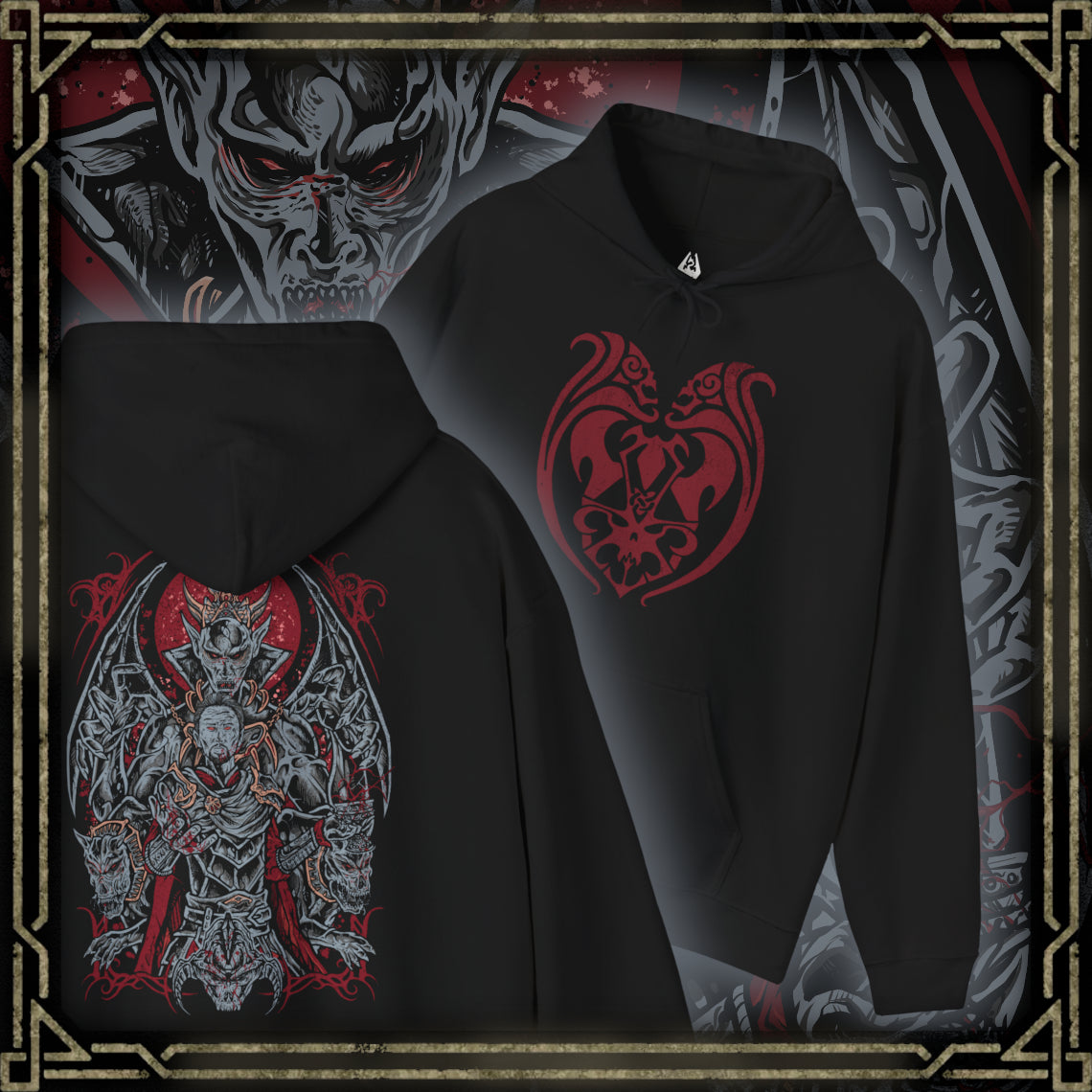 Thumbnail of a Hooded Sweatshirt inspired by Harkon the Vampire Lord from The Elder Scrolls V: Skyrim, the ruthless patriarch whose pact with Molag Bal condemned him to a life of blood and shadow. His fearsome transformation symbolizes the price of immortality—power at the cost of all humanity. This design portrays his cursed wings and predatory form amidst the gloom of Volkihar.