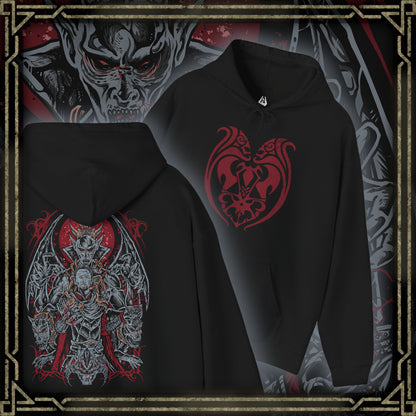 Thumbnail of a Hooded Sweatshirt inspired by Harkon the Vampire Lord from The Elder Scrolls V: Skyrim, the ruthless patriarch whose pact with Molag Bal condemned him to a life of blood and shadow. His fearsome transformation symbolizes the price of immortality—power at the cost of all humanity. This design portrays his cursed wings and predatory form amidst the gloom of Volkihar.