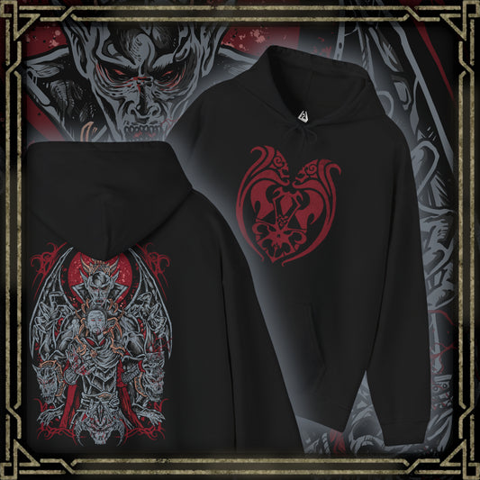 Thumbnail of a Hooded Sweatshirt inspired by Harkon the Vampire Lord from The Elder Scrolls V: Skyrim, the ruthless patriarch whose pact with Molag Bal condemned him to a life of blood and shadow. His fearsome transformation symbolizes the price of immortality—power at the cost of all humanity. This design portrays his cursed wings and predatory form amidst the gloom of Volkihar.