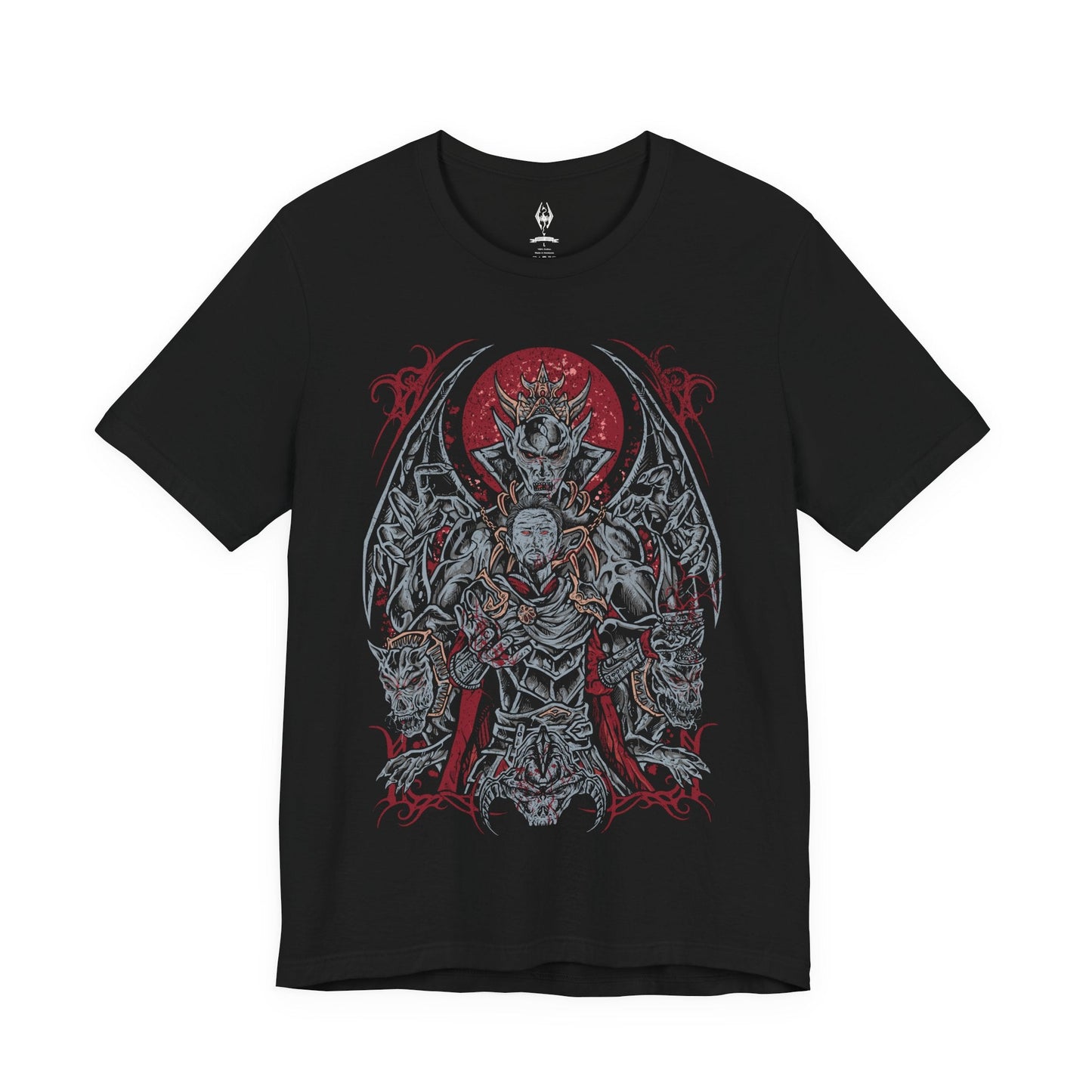 Image 4 of a T-shirt featuring Lord Harkon from Skyrim, the ancient Vampire Lord who seeks to fulfill the Tyranny of the Sun prophecy. His monstrous winged form radiates dark power drawn from Molag Bal, the Father of Vampires. This design captures Harkon’s terrifying transformation, glowing crimson eyes, and the cold majesty of Castle Volkihar’s corrupted nobility.