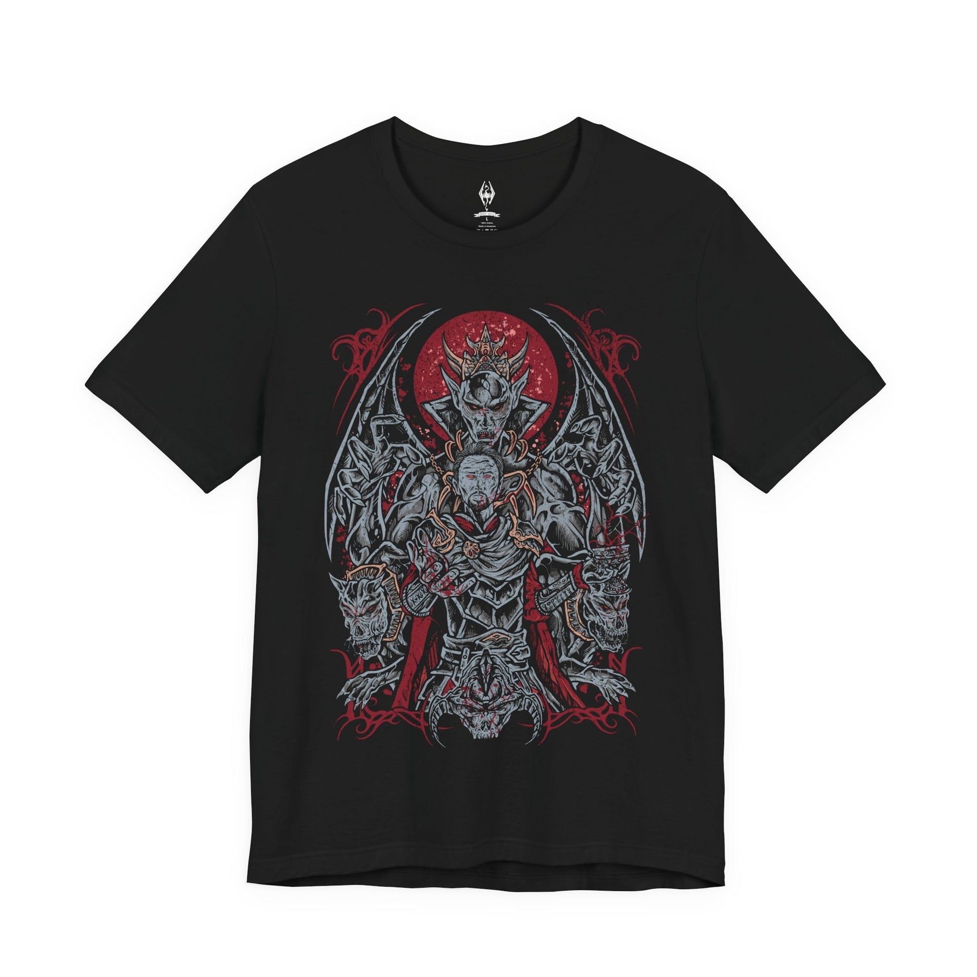 Image 4 of a T-shirt featuring Lord Harkon from Skyrim, the ancient Vampire Lord who seeks to fulfill the Tyranny of the Sun prophecy. His monstrous winged form radiates dark power drawn from Molag Bal, the Father of Vampires. This design captures Harkon’s terrifying transformation, glowing crimson eyes, and the cold majesty of Castle Volkihar’s corrupted nobility.