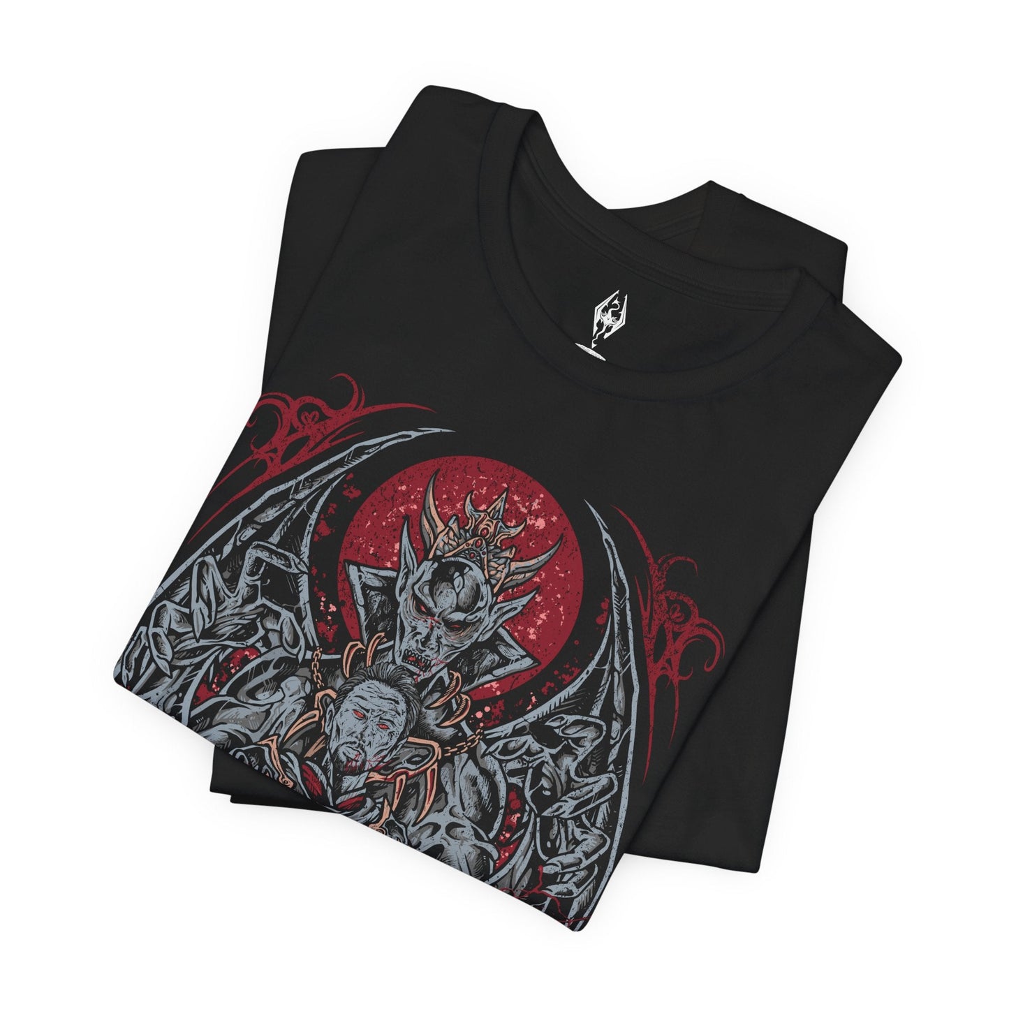 Folded T-shirt featuring Lord Harkon from Skyrim, the ancient Vampire Lord who seeks to fulfill the Tyranny of the Sun prophecy. His monstrous winged form radiates dark power drawn from Molag Bal, the Father of Vampires. This design captures Harkon’s terrifying transformation, glowing crimson eyes, and the cold majesty of Castle Volkihar’s corrupted nobility.