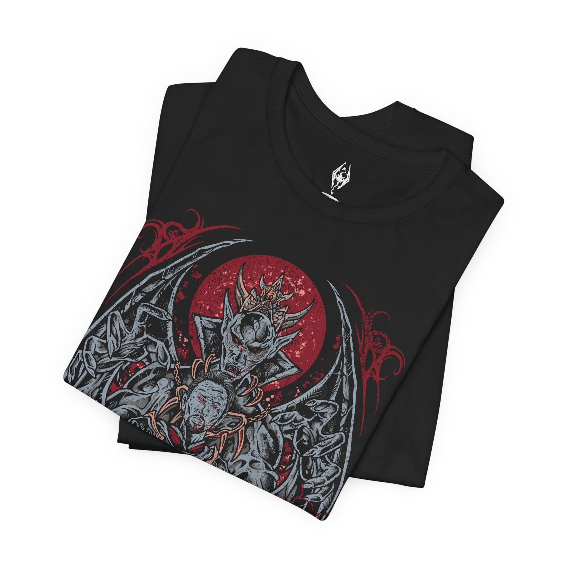 Folded T-shirt featuring Lord Harkon from Skyrim, the ancient Vampire Lord who seeks to fulfill the Tyranny of the Sun prophecy. His monstrous winged form radiates dark power drawn from Molag Bal, the Father of Vampires. This design captures Harkon’s terrifying transformation, glowing crimson eyes, and the cold majesty of Castle Volkihar’s corrupted nobility.