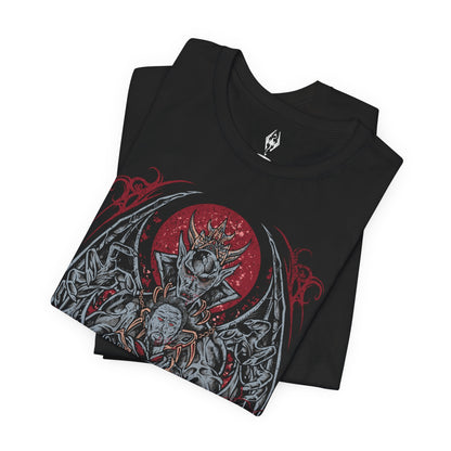 Folded T-shirt featuring Lord Harkon from Skyrim, the ancient Vampire Lord who seeks to fulfill the Tyranny of the Sun prophecy. His monstrous winged form radiates dark power drawn from Molag Bal, the Father of Vampires. This design captures Harkon’s terrifying transformation, glowing crimson eyes, and the cold majesty of Castle Volkihar’s corrupted nobility.