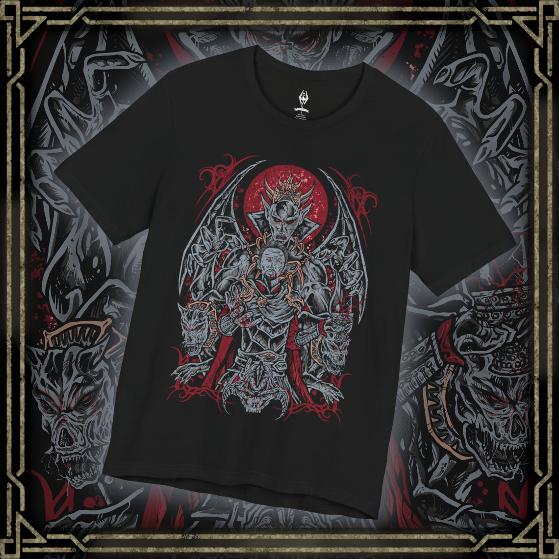 Thumbnail of a T-shirt featuring Lord Harkon from Skyrim, the ancient Vampire Lord who seeks to fulfill the Tyranny of the Sun prophecy. His monstrous winged form radiates dark power drawn from Molag Bal, the Father of Vampires. This design captures Harkon’s terrifying transformation, glowing crimson eyes, and the cold majesty of Castle Volkihar’s corrupted nobility.