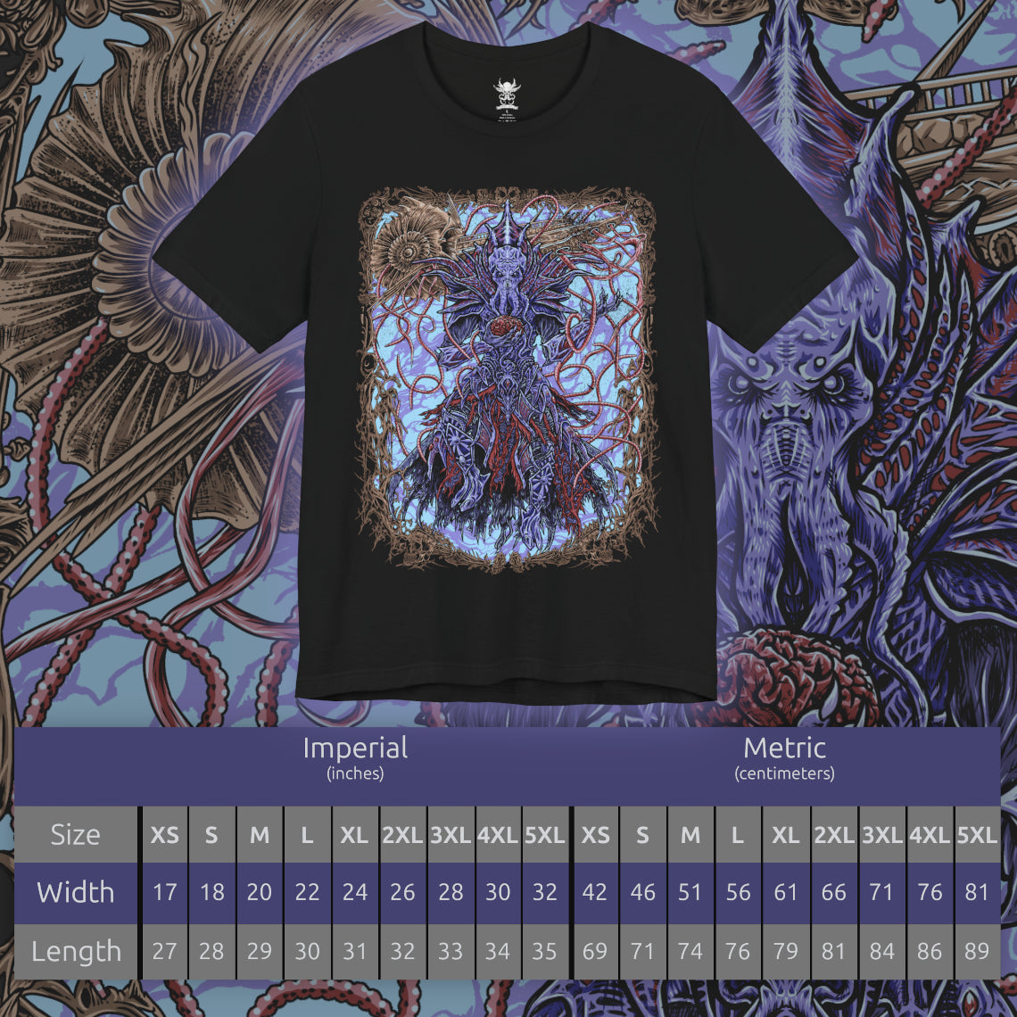 Size chart of a Baldurs Gate 3 T-shirt showcasing The Emperor, the powerful Mind Flayer who claims to protect the player while concealing dangerous secrets. Surrounded by psychic energy and arcane symbols, he represents the thin line between trust and corruption. This artwork highlights his alien form, cold intellect, and the haunting influence of illithid evolution.