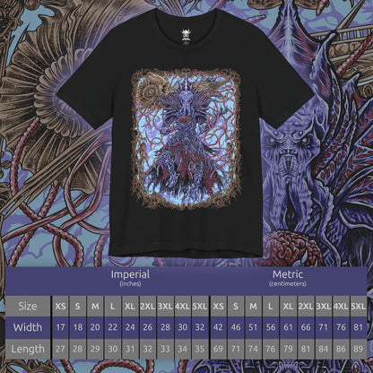 Size chart of a Baldurs Gate 3 T-shirt showcasing The Emperor, the powerful Mind Flayer who claims to protect the player while concealing dangerous secrets. Surrounded by psychic energy and arcane symbols, he represents the thin line between trust and corruption. This artwork highlights his alien form, cold intellect, and the haunting influence of illithid evolution.