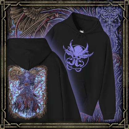 Thumbnail of a Hooded Sweatshirt featuring The Emperor from Baldur’s Gate 3, depicting the ancient Mind Flayer who walks the path between mentor and manipulator. His glowing eyes and writhing tentacles radiate psionic mastery, capturing the tension of the illithid transformation. This design reflects the cosmic horror and moral ambiguity at the heart of the Emperor’s story.