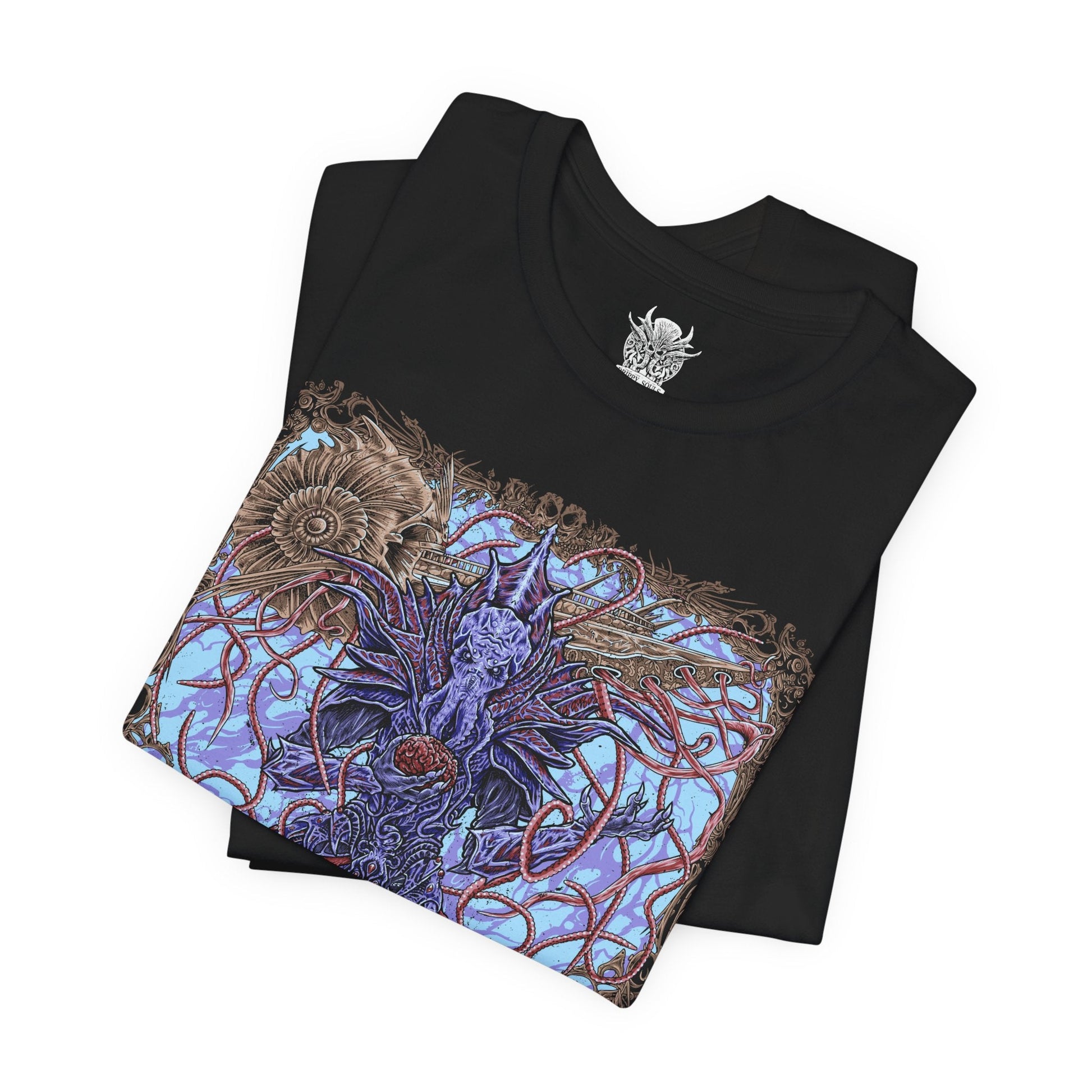 Image 5 of a T-shirt featuring The Emperor from Baldur’s Gate 3, the enigmatic Mind Flayer who guides the player through the mysteries of the tadpole and the dream realm. With his imposing psionic presence and shifting motives, The Emperor embodies both calculated manipulation and uneasy alliance. This design captures his tentacled visage, astral glow, and the eldritch power of illithid domination.
