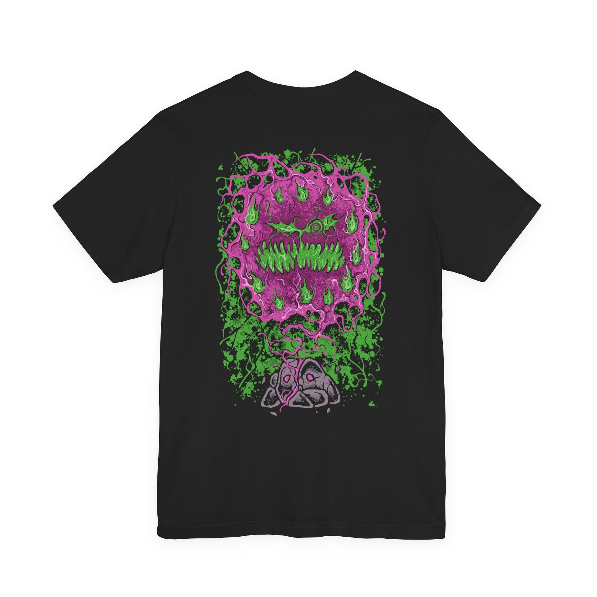 Image 5 of a T-shirt artwork depicting Spiritomb manifesting from the Odd Keystone, its ghostly mass twisting into a storm of glowing eyes and whispering faces. Purple shadow energy spirals through the air as ancient runes and broken stones surround the cursed monument. This design reflects the myth of the 108 malicious spirits sealed together, forming one of Pokémon’s most mysterious and sinister entities.