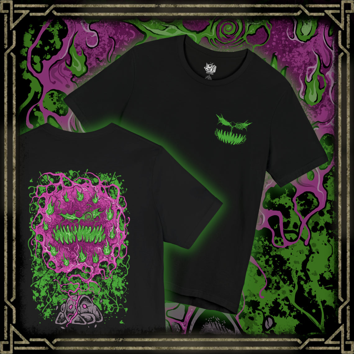 Thumbnail of a T-shirt artwork depicting Spiritomb manifesting from the Odd Keystone, its ghostly mass twisting into a storm of glowing eyes and whispering faces. Purple shadow energy spirals through the air as ancient runes and broken stones surround the cursed monument. This design reflects the myth of the 108 malicious spirits sealed together, forming one of Pokémon’s most mysterious and sinister entities.