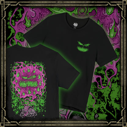 Thumbnail of a T-shirt artwork depicting Spiritomb manifesting from the Odd Keystone, its ghostly mass twisting into a storm of glowing eyes and whispering faces. Purple shadow energy spirals through the air as ancient runes and broken stones surround the cursed monument. This design reflects the myth of the 108 malicious spirits sealed together, forming one of Pokémon’s most mysterious and sinister entities.