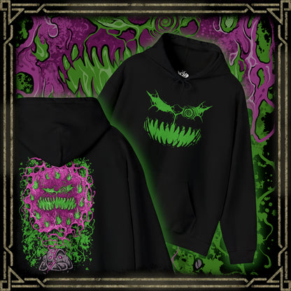 Thumbnail of a Hooded Sweatshirt of Spiritomb erupting from the cracked Odd Keystone, a swirling cloud of spectral faces glowing in violet light. Dark mist coils across the ground while ghostly energy distorts the air around the cursed stone. The composition emphasizes supernatural horror, imprisoned souls, and the ancient folklore that defines Spiritomb’s eerie presence in the Pokémon world.