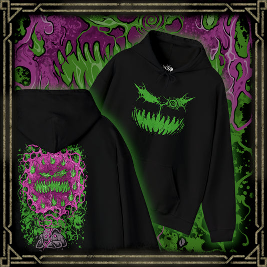 Thumbnail of a Hooded Sweatshirt of Spiritomb erupting from the cracked Odd Keystone, a swirling cloud of spectral faces glowing in violet light. Dark mist coils across the ground while ghostly energy distorts the air around the cursed stone. The composition emphasizes supernatural horror, imprisoned souls, and the ancient folklore that defines Spiritomb’s eerie presence in the Pokémon world.