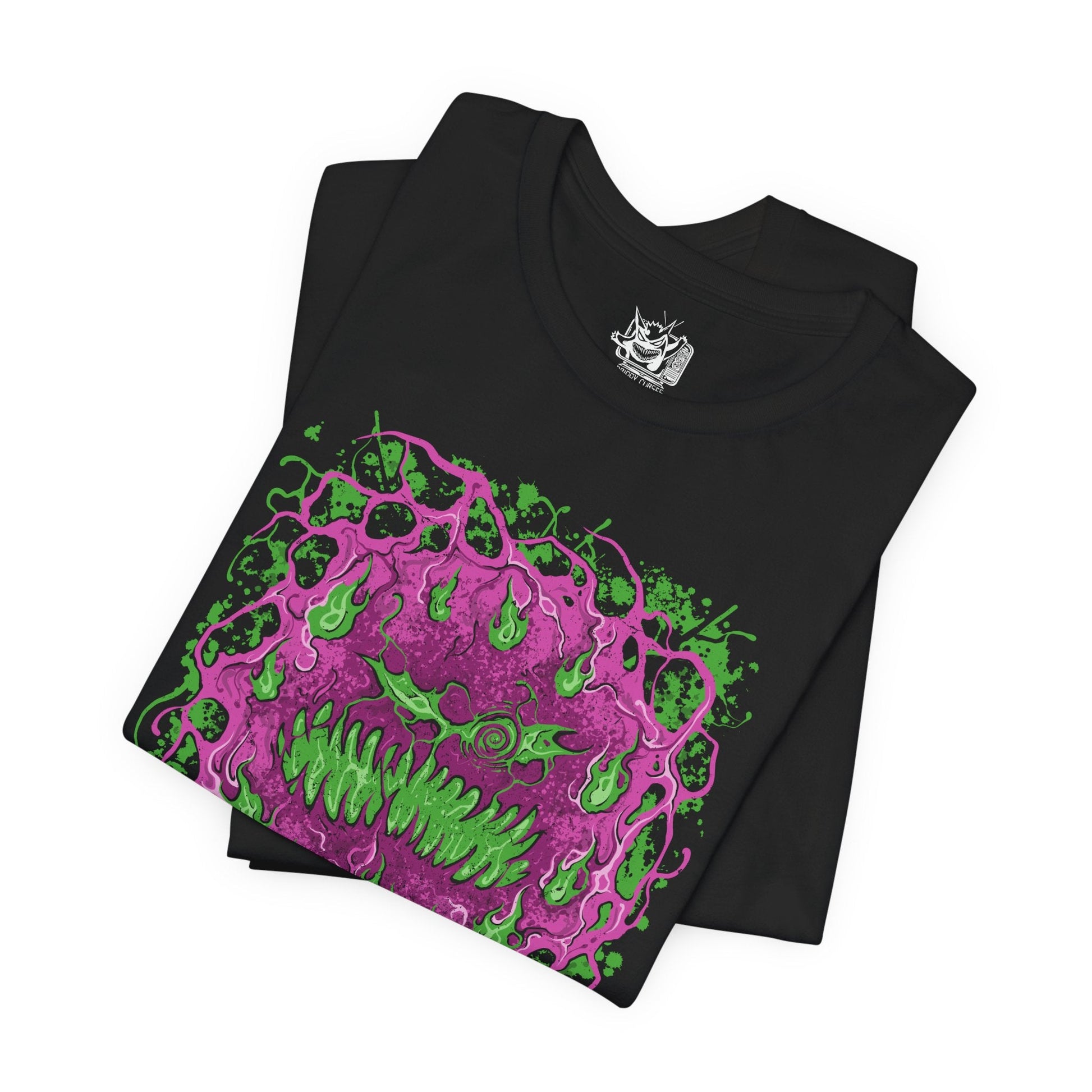 Image 5 of a T-shirt design of Spiritomb from Pokémon, emerging from the ancient Odd Keystone as swirling purple spirits form a chaotic vortex of cursed faces. The stone rests among cracked earth and eerie fog while spectral energy radiates outward. The design captures the legend of 108 trapped souls bound together, creating a haunting ghost-type presence that embodies resentment and eternal imprisonment.